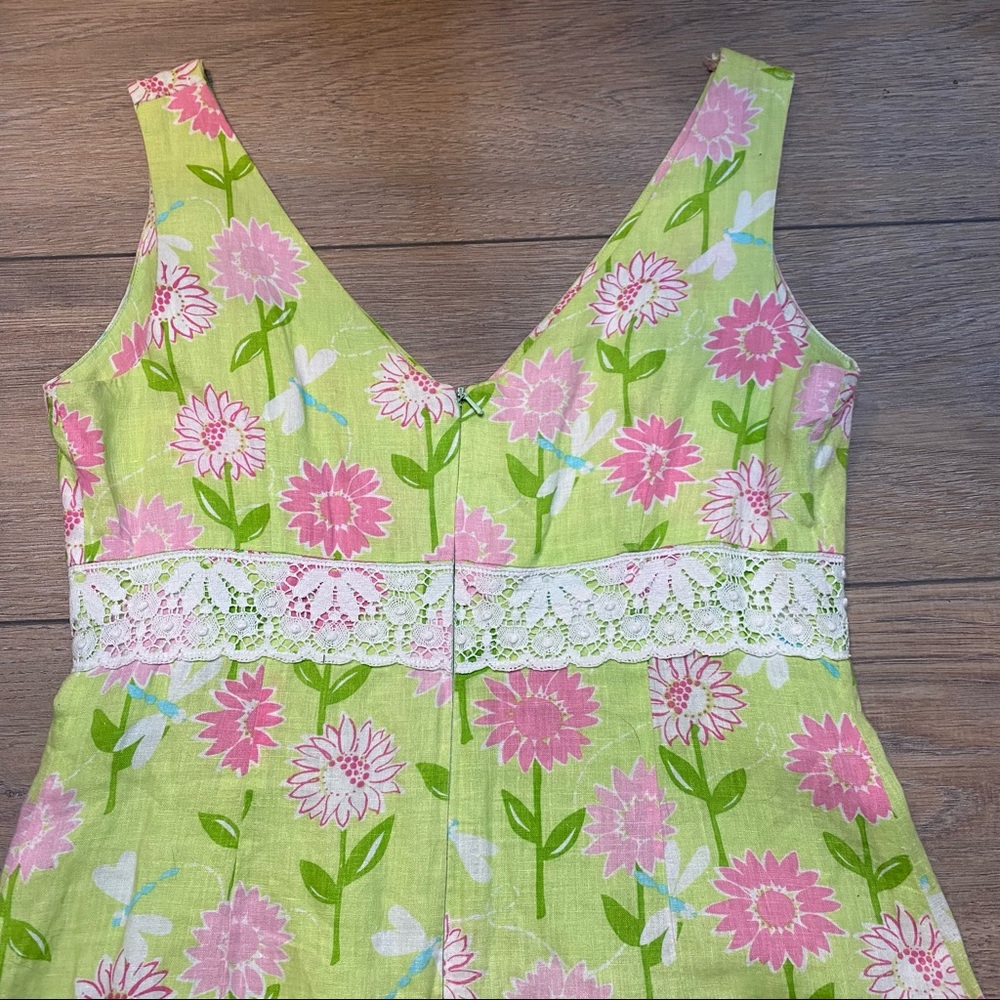 LILLY PULITZER vintage white tag green and pink floral v-neck linen dress 6 - Picture 9 of 10